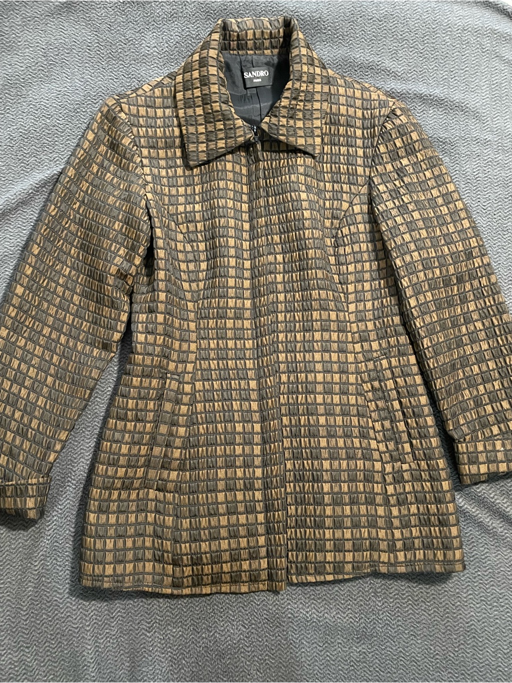 Sandro | Women’s Patterned Brown & Black Zip-Front Coat